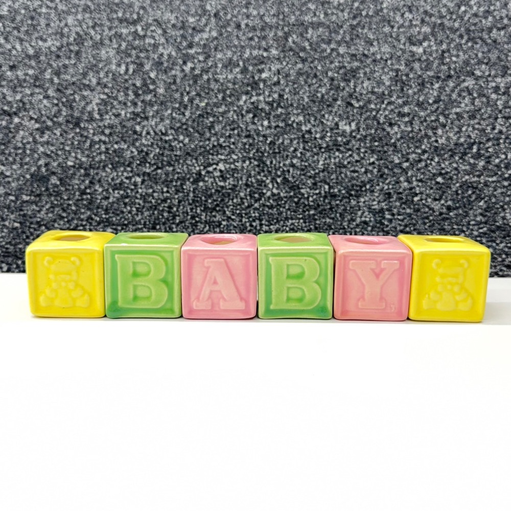 Vintage Ceramic Baby Blocks Nursery Decor Pastel Yellow Green Pink Set of 6